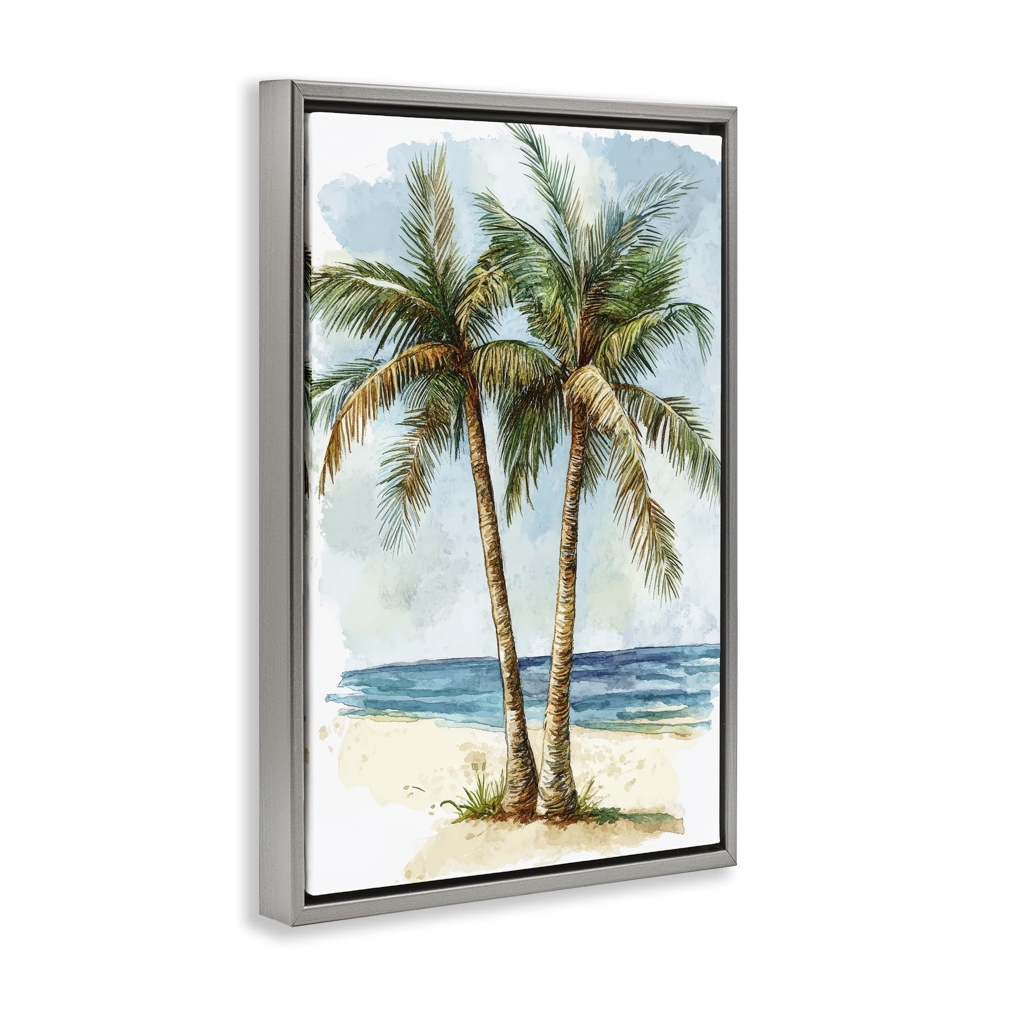 Stupell Industries Illustrated Palm Tree Duo Gray Framed Floater Canvas Wall Art, design by Petal Prints Design