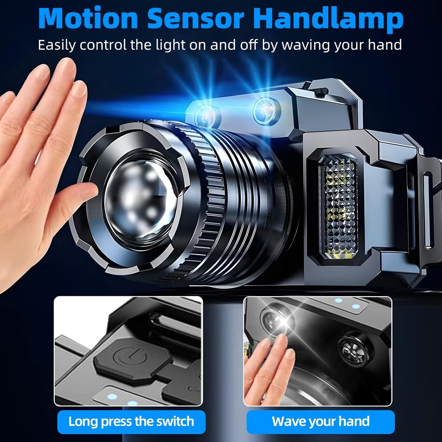 2-Pack Motion Sensor Headlamps, USB Rechargeable LED Headlight with Zoomable Beam, COB Side Light & Power Bank Function, 5 Modes Waterproof Head Torch for Camping, Hiking, Running
