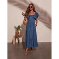 thumbnail image 3 of Women's fashionable loose round neck ruffled flared denim dress, 3 of 6