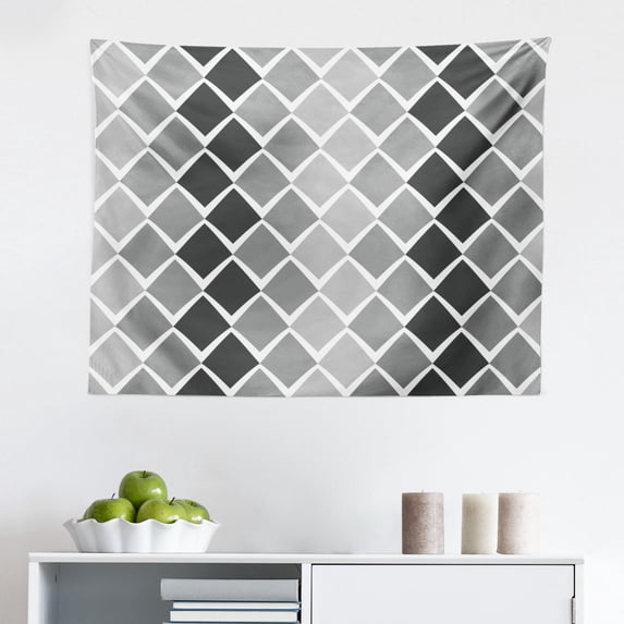 Black and Grey Tapestry, Checkered Squares Pattern Circular Motifs Contemporary Style Shapes, Fabric Wall Hanging Decor for Bedroom Living Room Dorm, 2 Sizes, Black Grey White, by Ambesonne