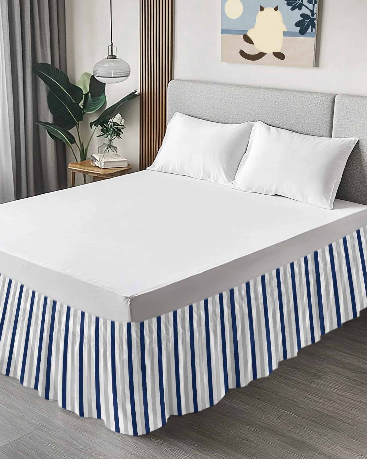 Navy Blue White Stripes Ruffle Bed Skirt King Size Minimalist Abstract Vertical Striped Adjustable Elastic Dust Bed Skirts Wrap Around Bedskirt Wrinkle Free Easy Fit with 18 Inch Drop