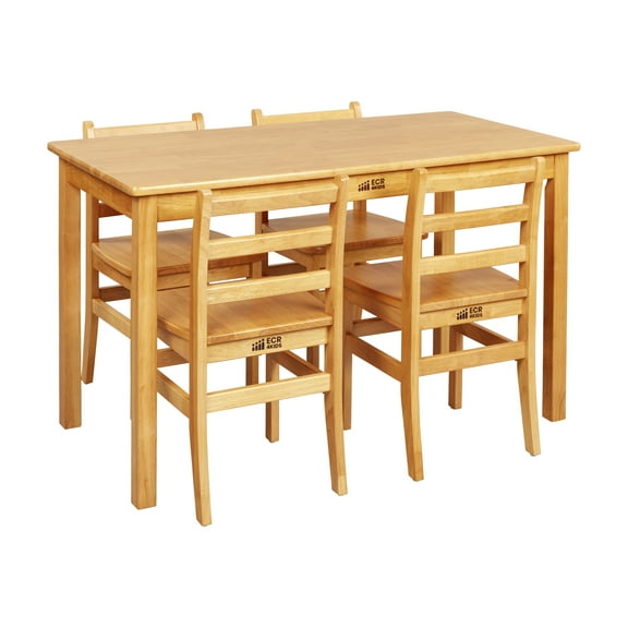 ECR4Kids 24in x 48in Rectangular Hardwood Table with 28in Legs and Four 16in Chairs, Honey, 5-Piece
