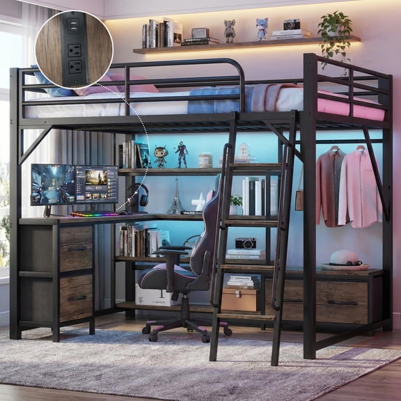 Mirightone Queen Loft Bed with Desk and Light, Metal Loft Bed with Storage Shelves and Drawers, High Loft Bed with Wardrobe & Ladder for Adults Teens, Black