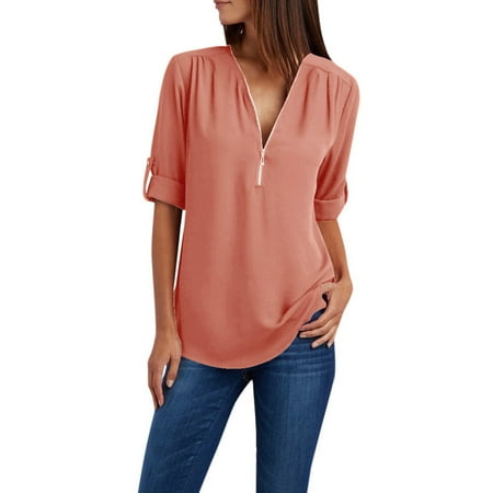 Jiyugala Women s Shirt Ladies Zipper Button Long Sleeves Loose Chiffon Shirt Clothing