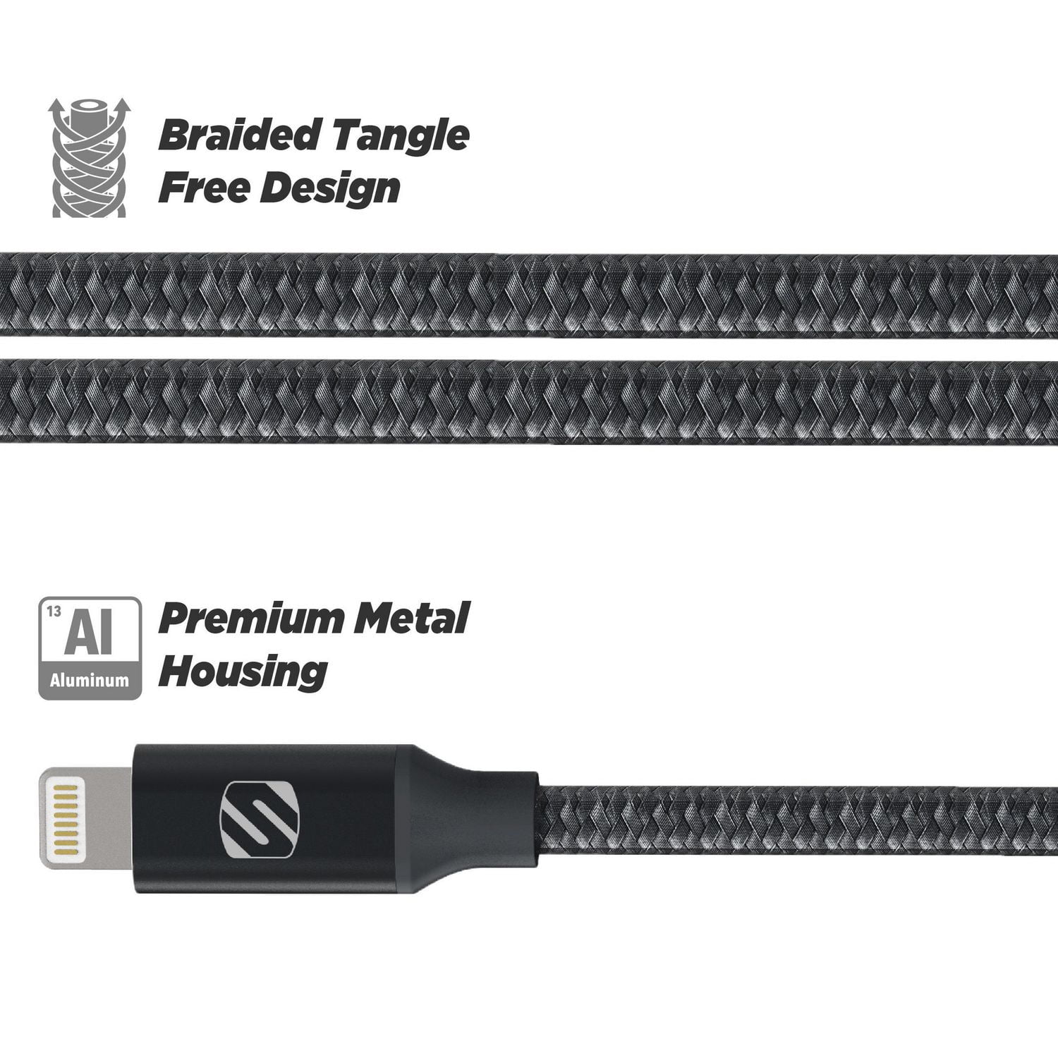 Scosche i3B4SG-SP Strikeline Premium MFi Certified Lightning Charge & Sync Braided Cable for ALL Lightning Devices 4-ft.