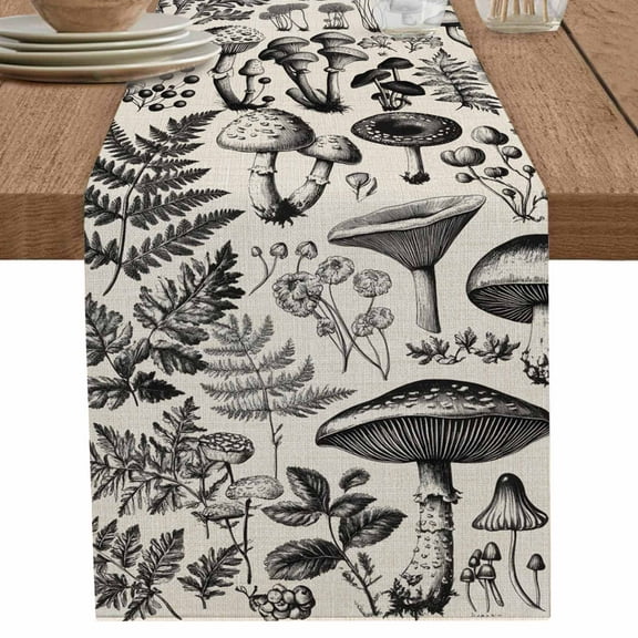 Pastoral Vintage Mushroom Leaves on Linen Table Runner-70 Inch Long Botanical Table Runners Linen Burlap Tablerunner for Kitchen Dining Room Holiday Party
