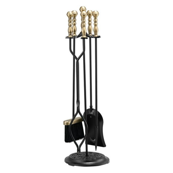 KFFKFF 5-Piece Fireplace Tool Set with Stand, Includes Tongs, Shovel, Brush, Poker, and Holder, Durable Wrought Iron Design for Indoor and Outdoor Use, Black and Brass Finish