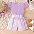 thumbnail image 2 of PatPat Toddler Girls Outfits Baby Little Girl Clothes Sets 2pcs Sweet Girly Flutter Sleeve Top and Stripe Belted Shorts Set for Gift, Light Purple, 3T, 2 of 6