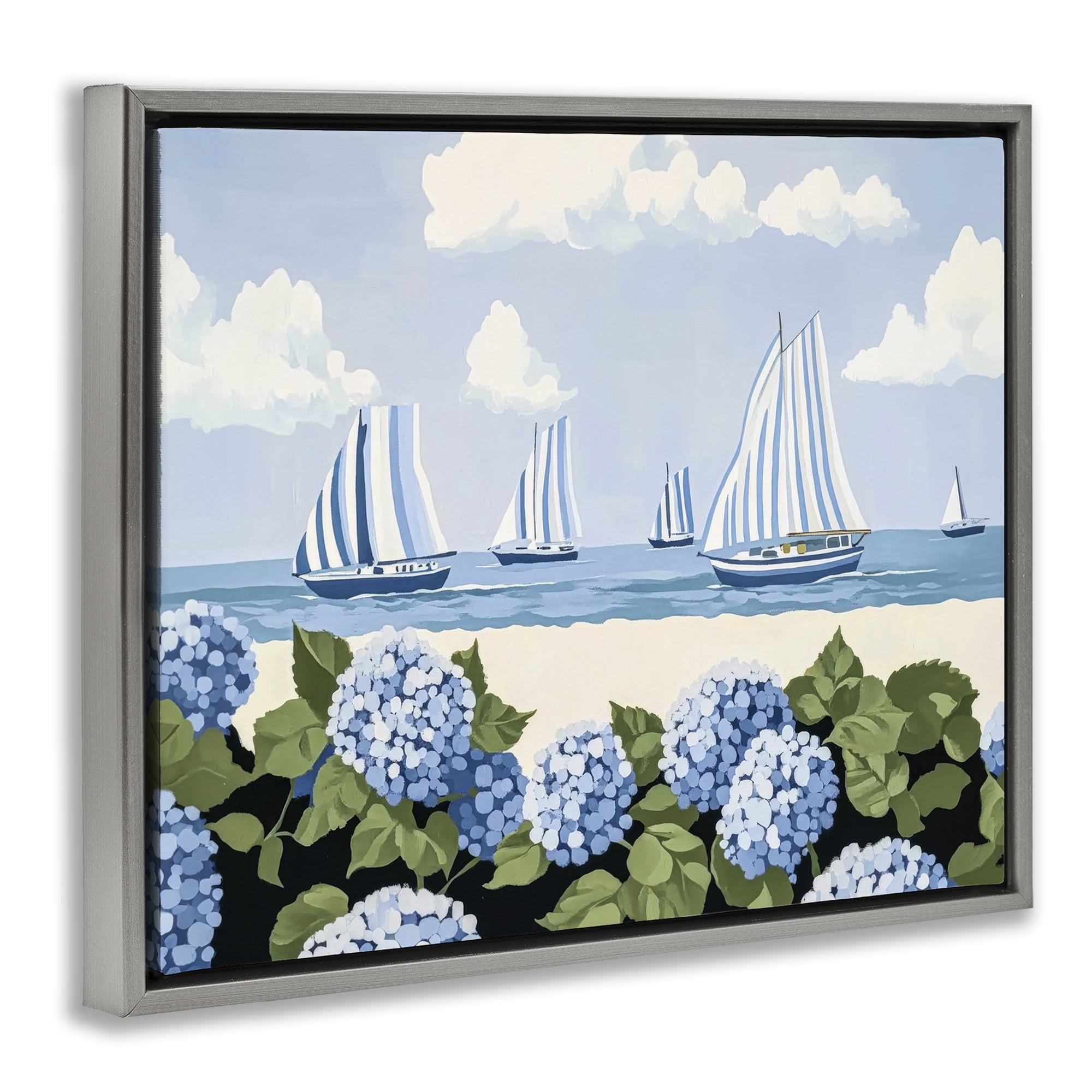 Stupell Industries Striped Sails & Seaside Hydrangeas Gray Framed Floater Canvas Wall Art, design by Sisi and Seb