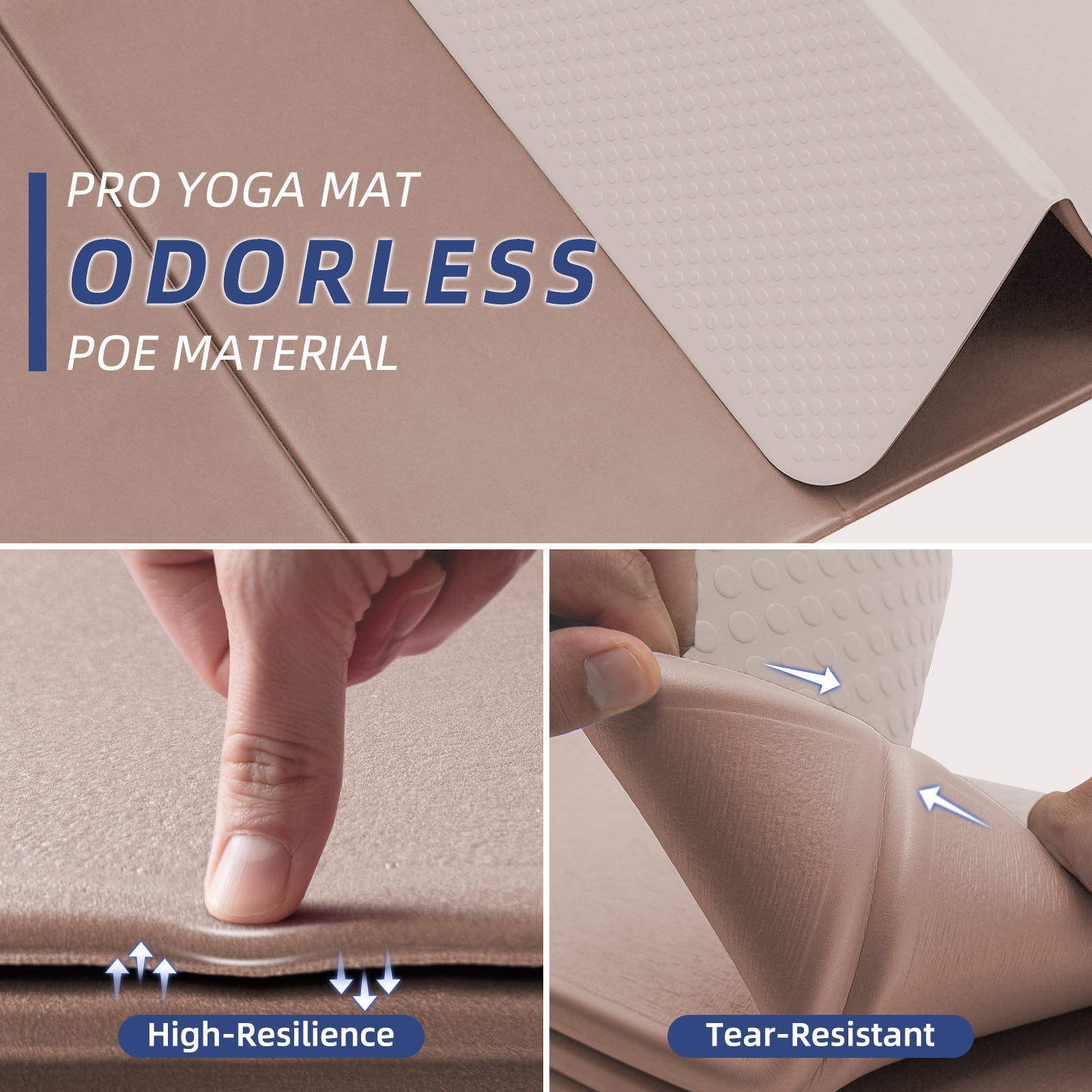 4W Foldable Yoga Mat Long, 10mm Extra Thick TPE Non-slip pilates Mats for Home and Travel, 75 x 26 in, Quick Folding/Storage No Curling(Brown + Beige)