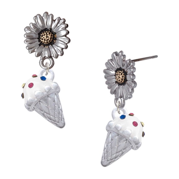 Delight Jewelry Silver-tone 3-D Vanilla Ice Cream Cone with Crystal Sprinkles - Two-tone Daisy Flower Post Earrings