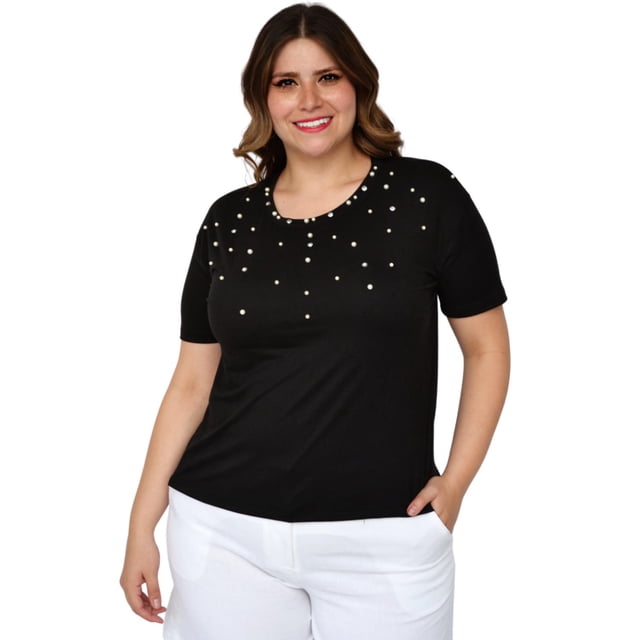 Playera con pedrería talla extra, modelo 3022-A (Negro) negro 42 Roman Fashion Blusa extra 3022-A