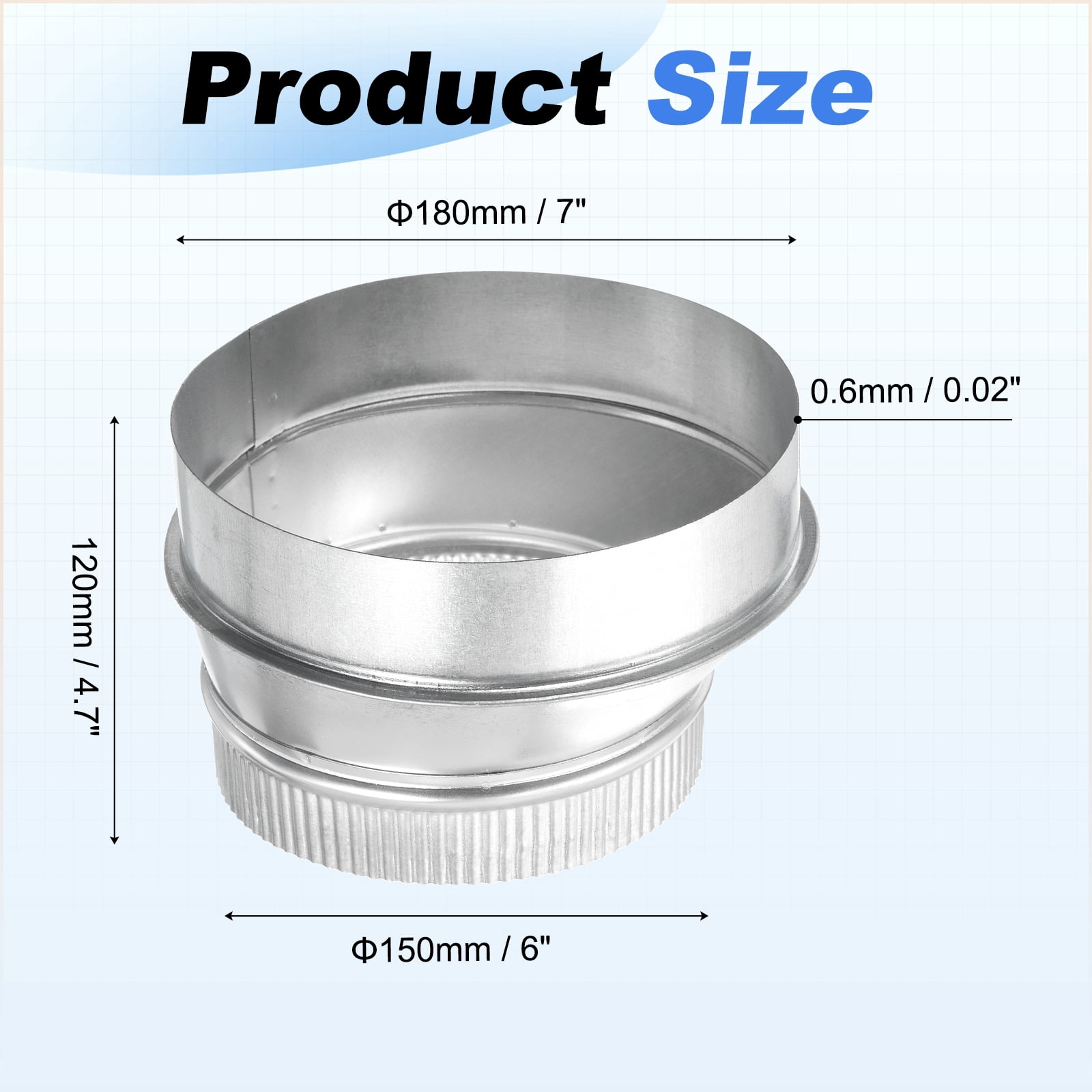 Uxcell Eccentric Duct Reducer (7" to 6" ) - Galvanized Steel Crimped End Ducting Connector Increaser Round Air Duct Adapter Pipe Vent Inline Fitting for HVAC Ventilation System, Silver