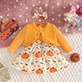 thumbnail image 5 of Halloween Outfits Set 3PC Toddler Girl Pumpkin Ghost Print Sleeveless Bow Dress Long Sleeve Ruffles Coat Tops Headbands Comfy Festival Clothing Size 2-3T, 5 of 9