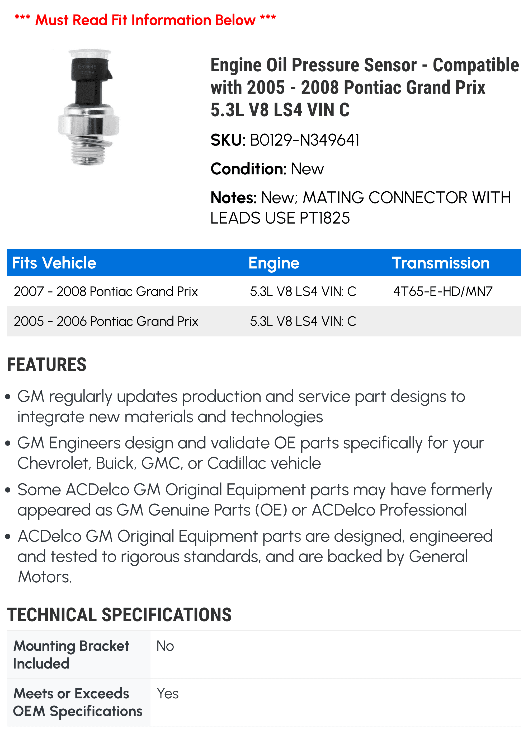 Engine Oil Pressure Sensor - Compatible with 2005 - 2008 Pontiac Grand Prix 5.3L V8 LS4 VIN C - AC Delco