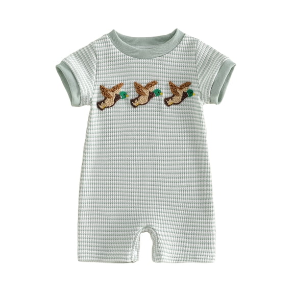 BemeyourBBs Newborn Baby Boy Girl Duck Outfit Summer Clothes Waffle Knit Striped Romper Casual Mallard Embroidered Striped Crew Neck Short Sleeve Infant Jumpsuit Shorts