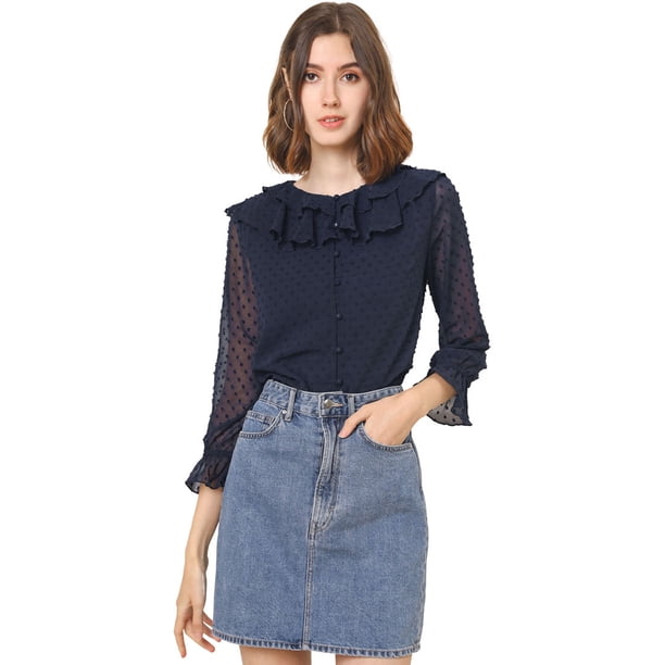 Blusa Allegra K Gasa Transparente Lunares Cuello Con Volantes Botón Frontal Para Mujer Azul Oscuro S
