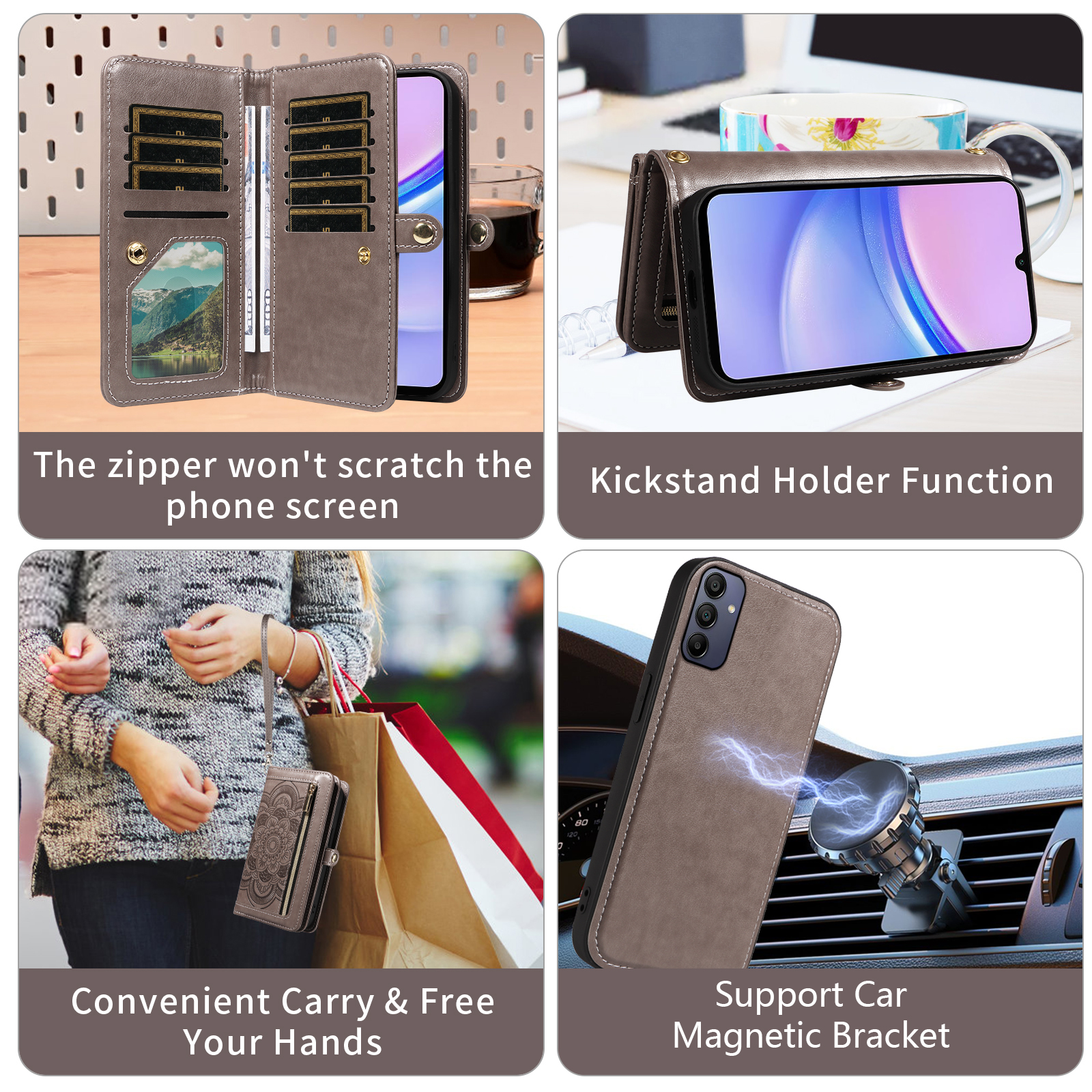 Asuwish Phone Case for Samsung Galaxy A15 5G/4G Zipper Wallet Detachable Cell Cover with Tempered Glass Screen Protector Crossbody Lanyard Strap Flower Flip Card Holder A 15 G5 15A Women Girls Gray