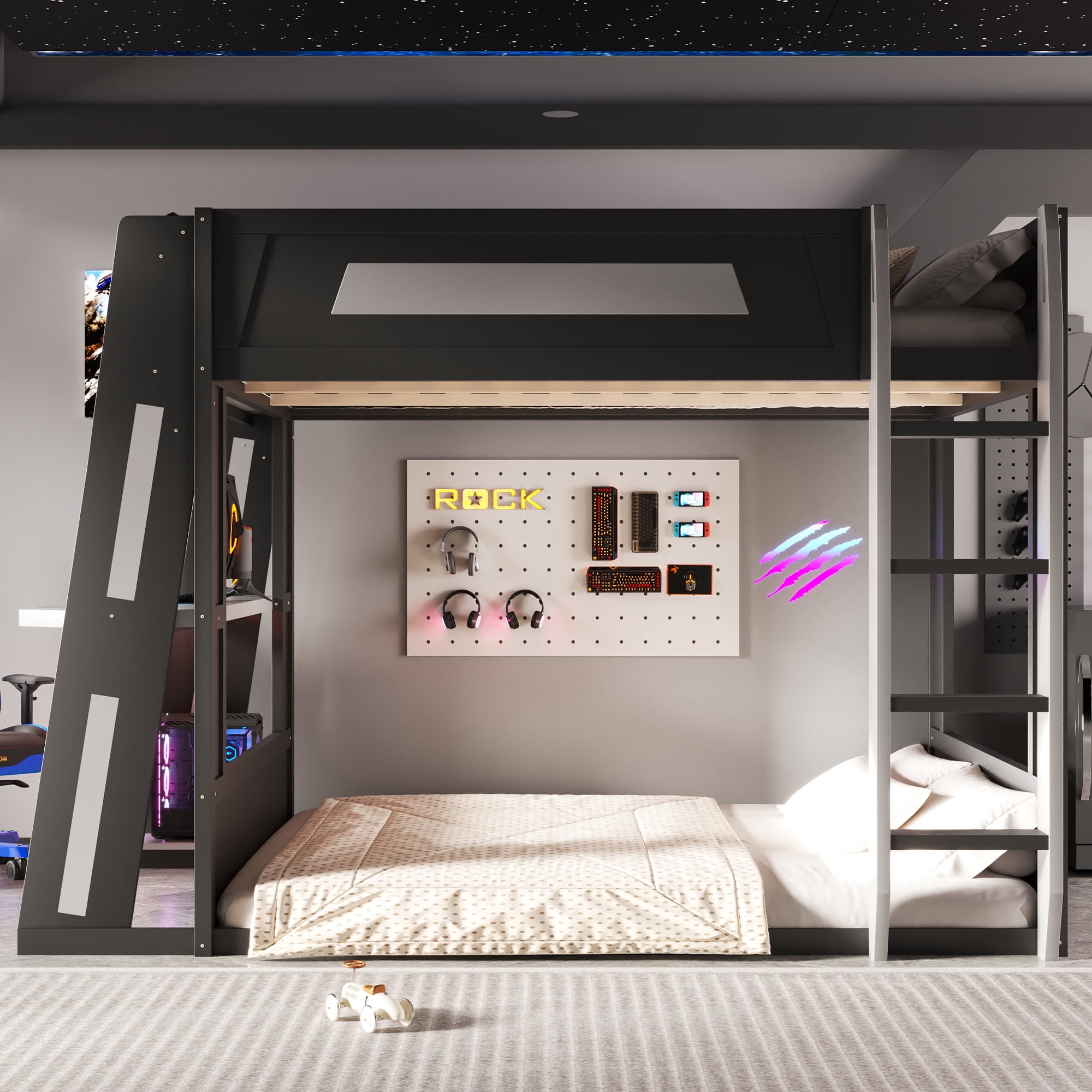 Euroco Queen Size Bunk Bed with Desk and Shelves, Gaming Bed with LED Light and USB Charging, Black & Grey