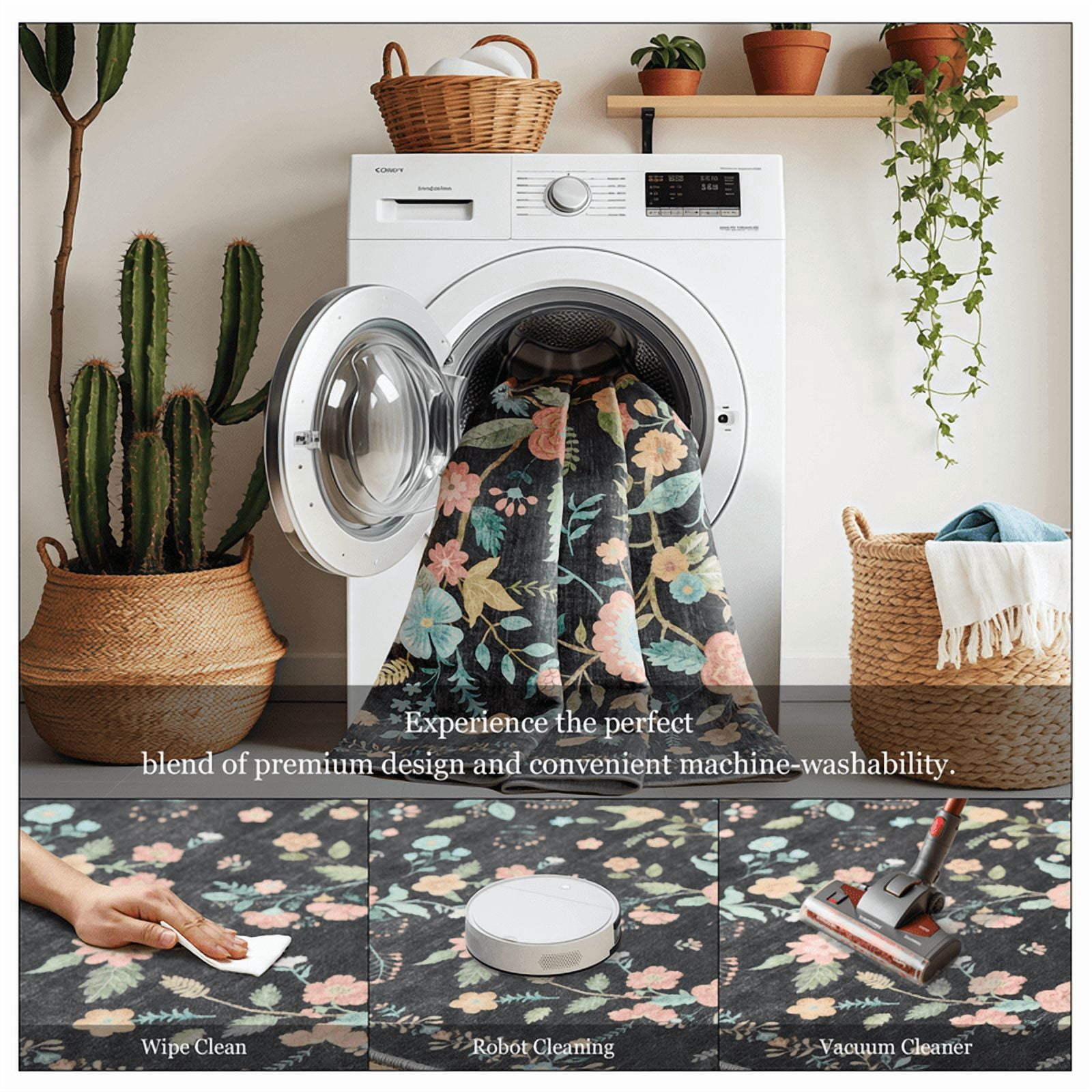 CHITOOMA 8'x10' Machine-washable Area Rugs for Living Room, Boho Floral Area Rugs with Non-Slip Backing, Stain Resistant Non-Shed Carpet for Bedroom, Dining Room, Dorm, Office
