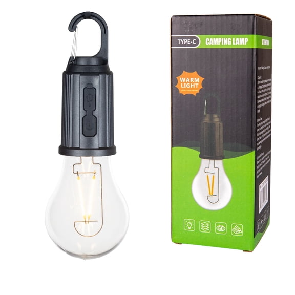 Festive Living Rechargeable Camp Light, Warm White LED Globe Bulb, Battery Powered with USB-C Recharging and Carabiner Hook, 3 Brightness Levels