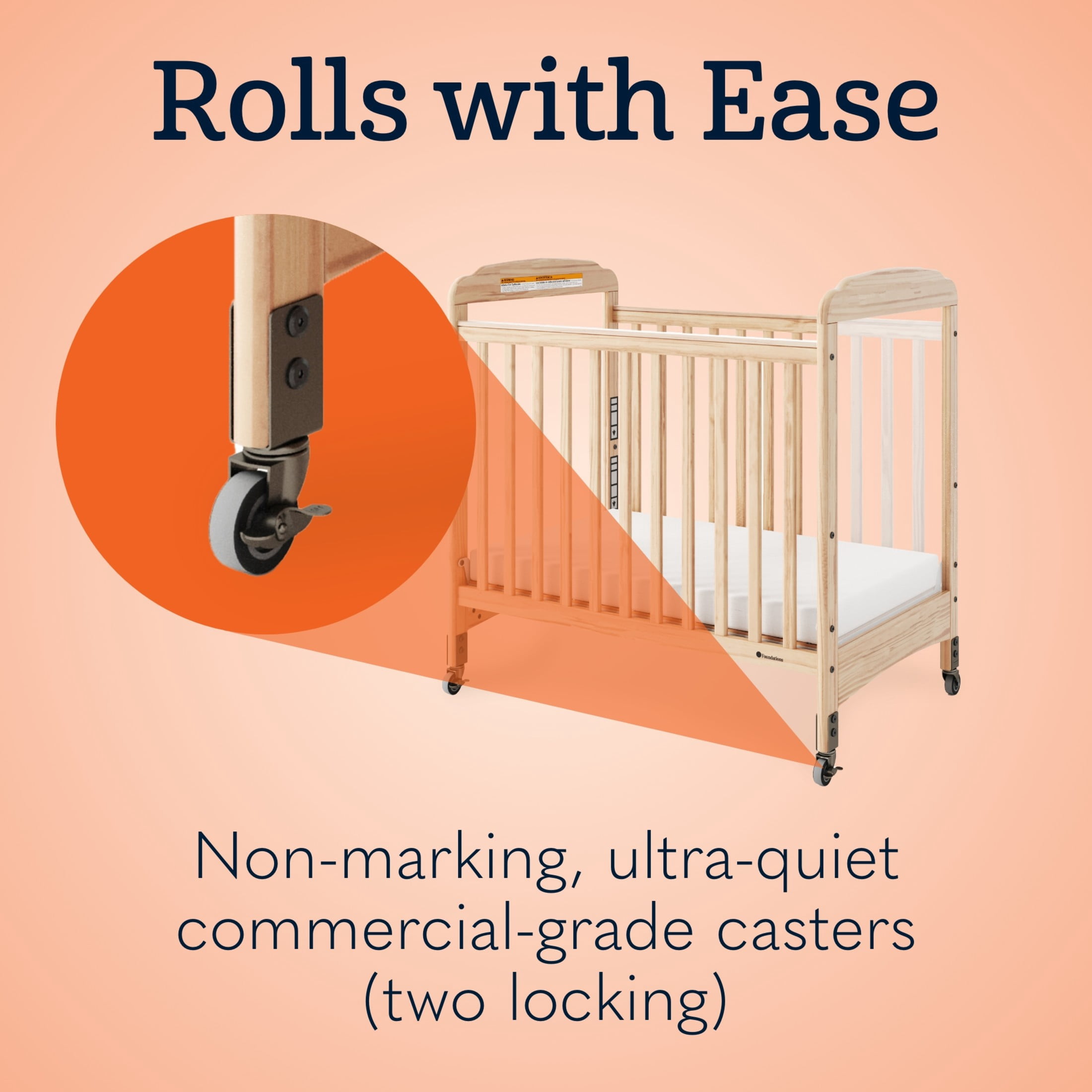 Foundations Serenity Compact Clearview Crib with 3" Foam Mattress, Locking Casters, Adjustable Height