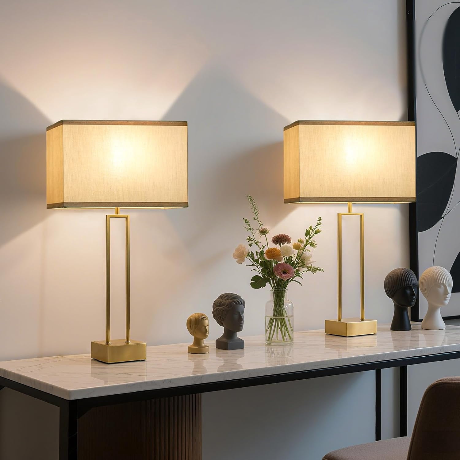 Rectangle Lamp Shades Set of 2, 16"L x 8"W x 10"H, Large Gold Lamp Shades for Table Lamps Bedside Lamps, Modern Replacement Lampshades for Floor Lamps, Spider, Harp Holders Included, Easy Assembly