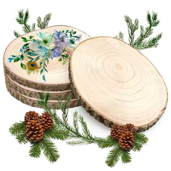 VEGCOO Wood Slices 4 Pcs7-8 Inches Unfinished Wood Rounds, Natural Paulownia Wood Slices for Centerpieces, Wood Pieces Decoration with Bark, DIY Wooden Ornaments for Wedding, Painting
