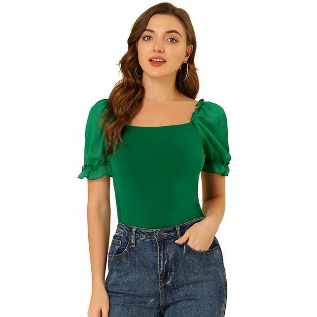 Unique Bargains Blouse Élégante à Manches Bouffantes pour Femmes, Col Carré, Vert L