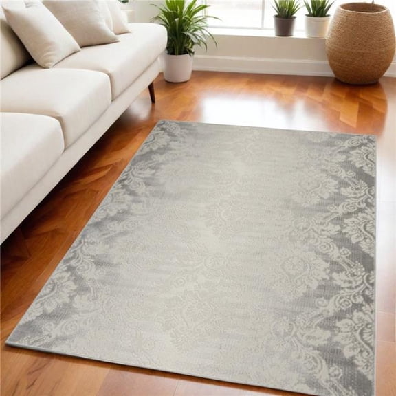 HomeRoots 550162 5 x 7 ft. Damask Distressed Non Skid Rectangle Area Rug, Gray & Ivory