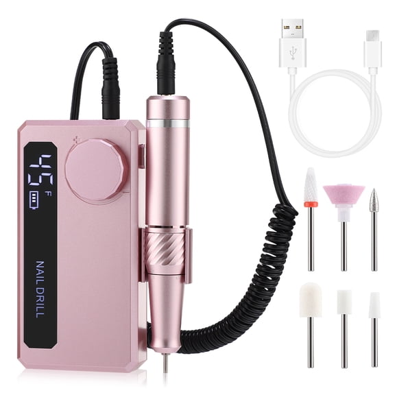 Electric Nail Drill, 45000RPM Rechargeable Nail File Machine Professional Kit, Portable Nail File with 6 Bits for Acrylic Nails Gel Polishing Home Salon Use