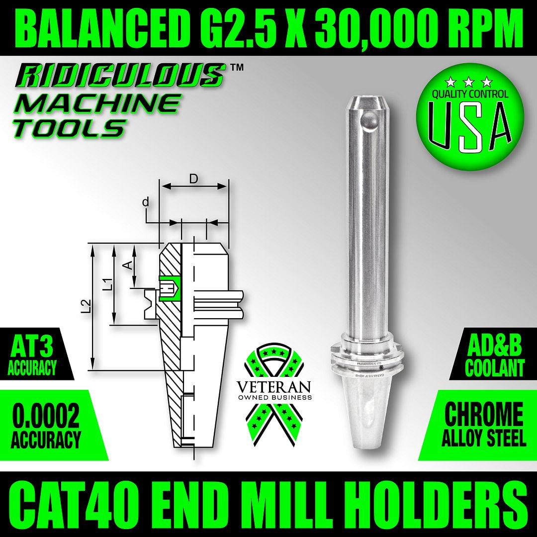 CAT40 END MILL HOLDER 1/8 x 3 Balanced G2.5 x 30,000 RPM T.I.R. 0.0002 