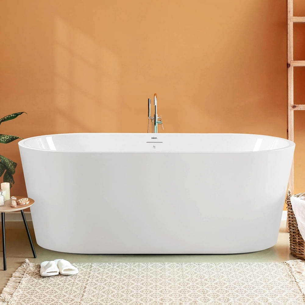 Kepooman Modern Stand Alone Soaking Tub with Brushed Nickel Drain & Overflow Hole, 59 x 29.5in Kepooman Modern Stand Alone Soaking Tub with Brushed Nickel Drain & Overflow Hole, 59 x 29.5in