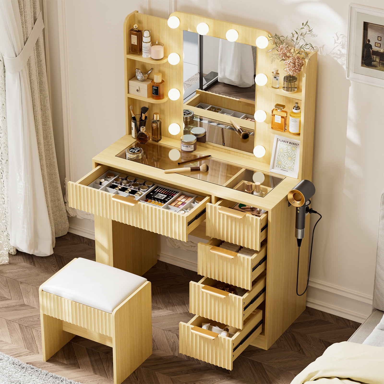 Hommoo Vanity Desk with Mirror and 3 Colors Lights, Makeup Vanity Set Dressing Table with Charging Station, Transparent Tabletop, 5 Drawers & Open Storage for Bedroom, Oak
