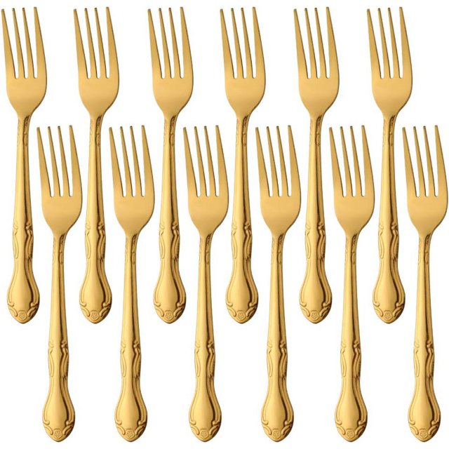 Stainless Steel Kitchen Dinner Forks 12-Piece Dinner Fork Set 7.3-inch Stainless Steel Table Forks Classic Flatware Silverware Sets Cutlery Utensils Dinnerware with Flower Edge -Gold