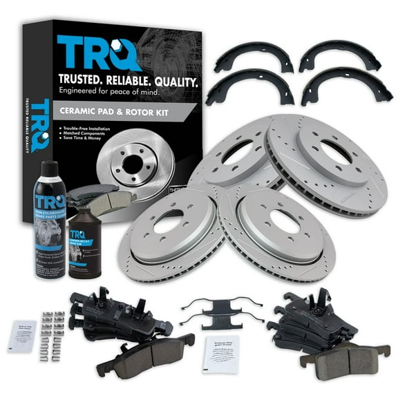 TRQ Front Rear Ceramic Brake Pad & Performance Rotor with Parking Shoes w/Fluids BKA22062 Fits select: 2003-2006 FORD EXPEDITION, 2003-2006 LINCOLN NAVIGATOR