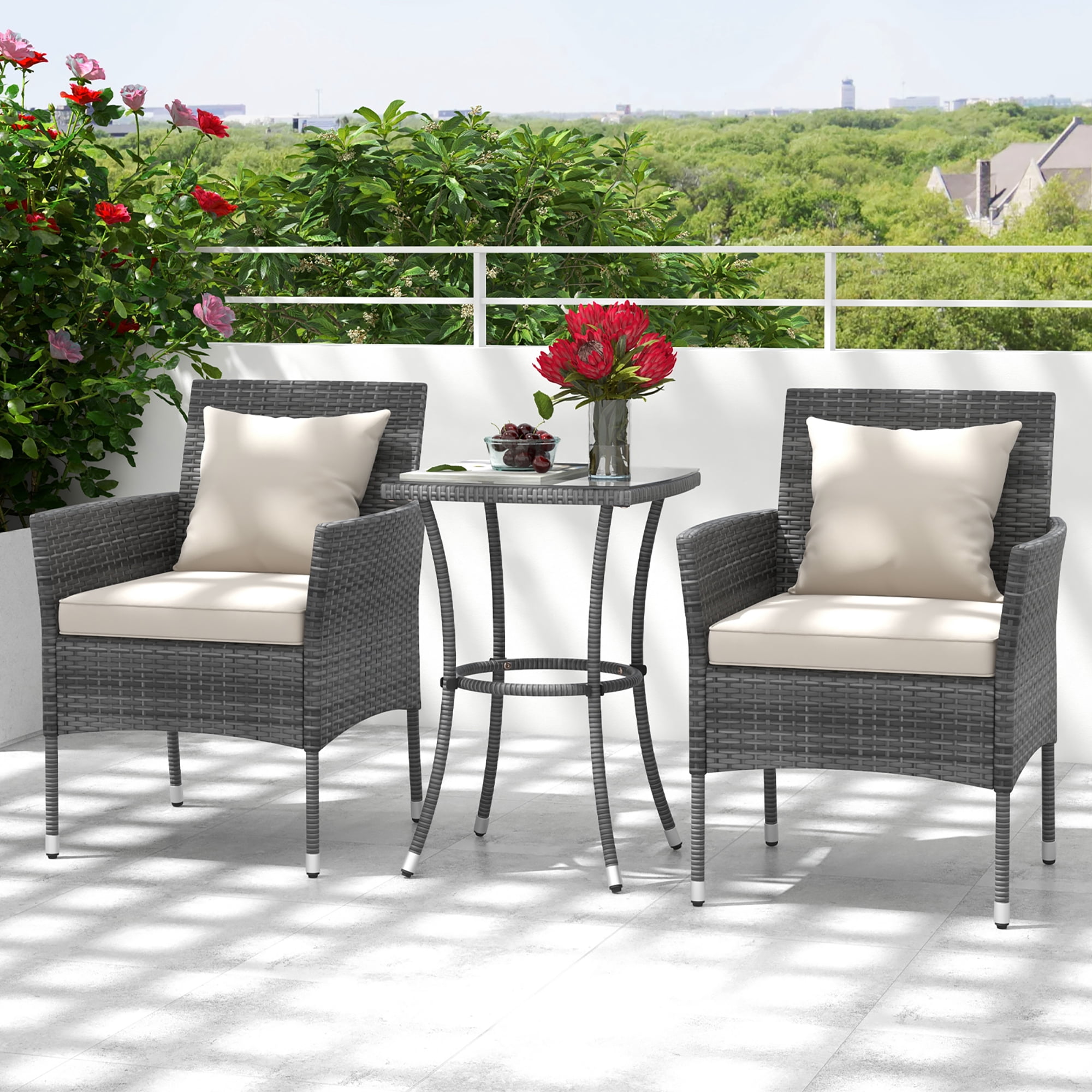 Gymax 3-Piece Patio Furniture Set PE Wicker Conversation Bistro Set w/ A Tempered Glass Table