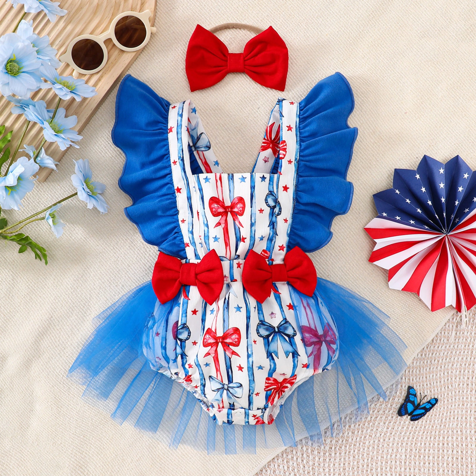Baby Girl Bubble Romper Baby Girls Fly Sleeve Independence Day 4Th of July Prints Romper Bodysuits Dress Baby Romper Blue 0 Months-3 Months