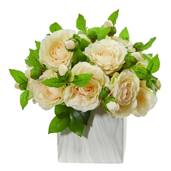 Nearly Natural Camellia Artificial Arrangement in Marble Finished Vase, Peach