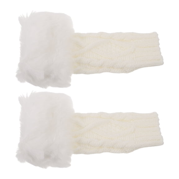 Pretyzoom 1Pair Soft Ivory Knitted Thumbhole Arm Sleeves with Furry Wrist Warmers for Winter