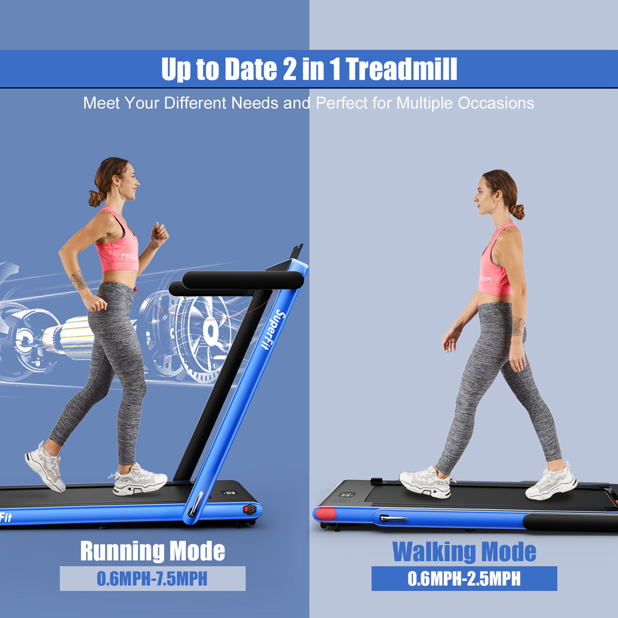 SuperFit Up To 7.5MPH 2.25HP 2 in 1 Single Display Screen Treadmill W/ APP Control Speaker Remote Control Blue - image 3 of 10