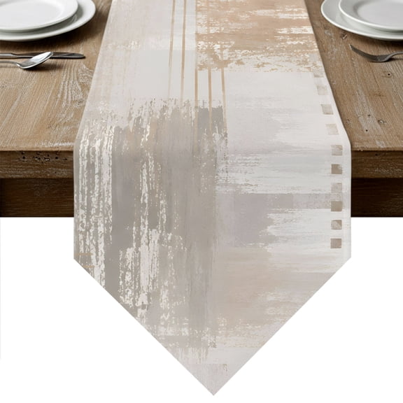 Beige Abstract Table Runner Linen Burlap Table Runner 90 Inches Long Modern Gradient Mottled Vintage Stripes Dresser Scarves for Kitchen Island Coffee Dining Room Party Holiday Decoration 13"x90"