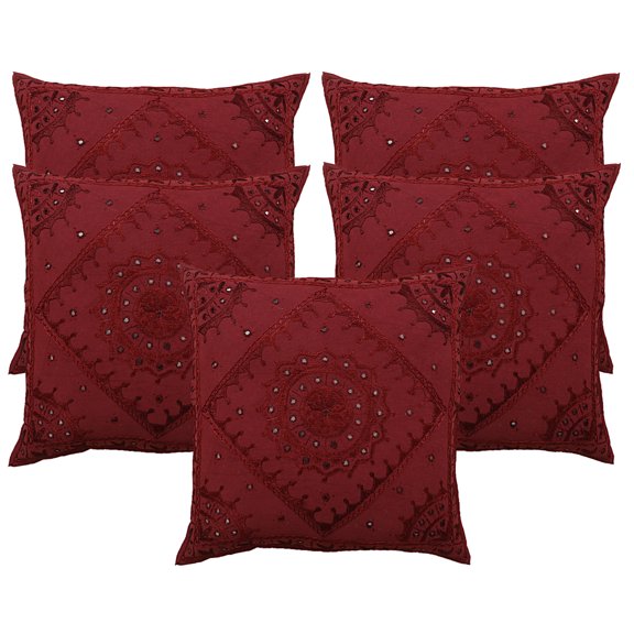Stylo Culture Ethnic Couch Throw Pillow Covers 24x24 Large Hand Embroidered Maroon Boho 60 x 60 cm Home Decor Cotton Mirrored Square Cushion Covers | Set Of 5