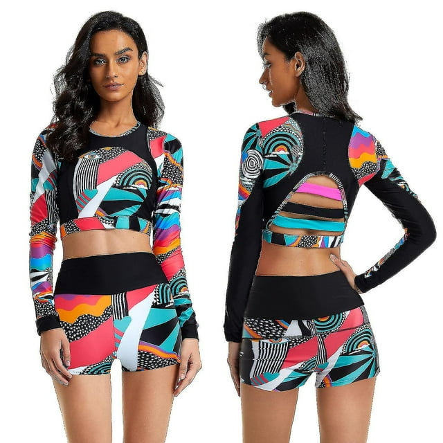 Lishi Geometric Women's Rash Guard Two-Piece Swimsuit with UV Protection