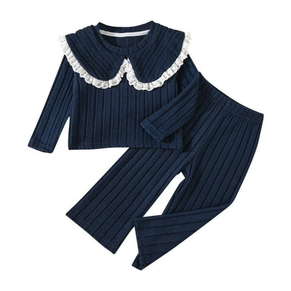 Efsteb Girls Outfits Solid Lace Splicing Long Sleeve Ribbed Knit Tops Long Pants 2Pcs Fall Winter Clothes Set (Navy,6 Years)