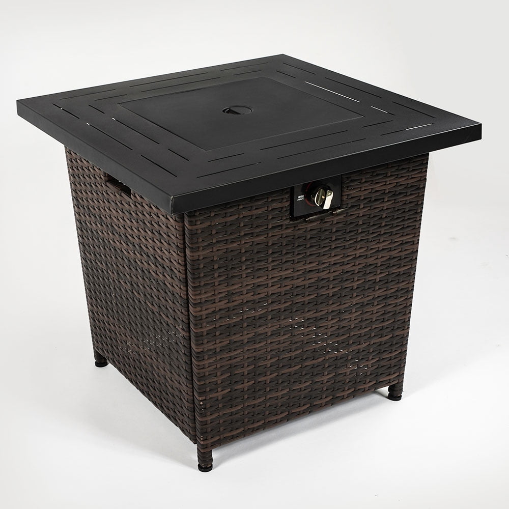 AJ Enjoy 28'' Propane Fire Pit Table, 50,000 BTU Fire Table with Brown Wicker, Laval Rocks, Inclined Leg Design.
