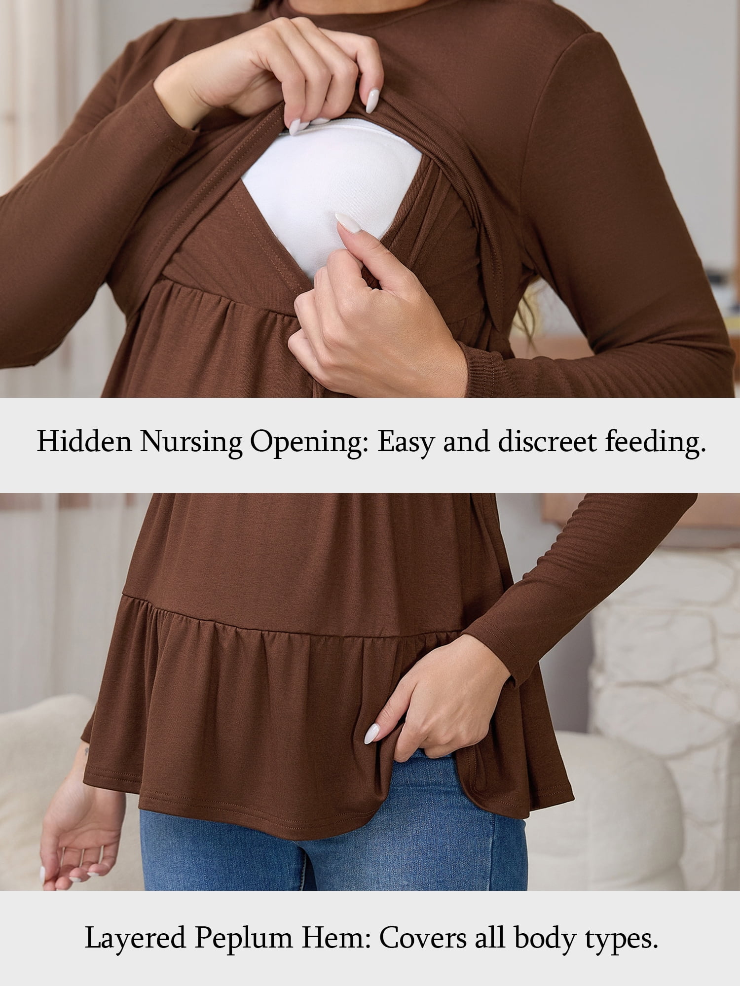 DARING DIVA Women's Nursing Breastfeeding Long Sleeve Tiered Pumping T-Shirts 2XL Brown