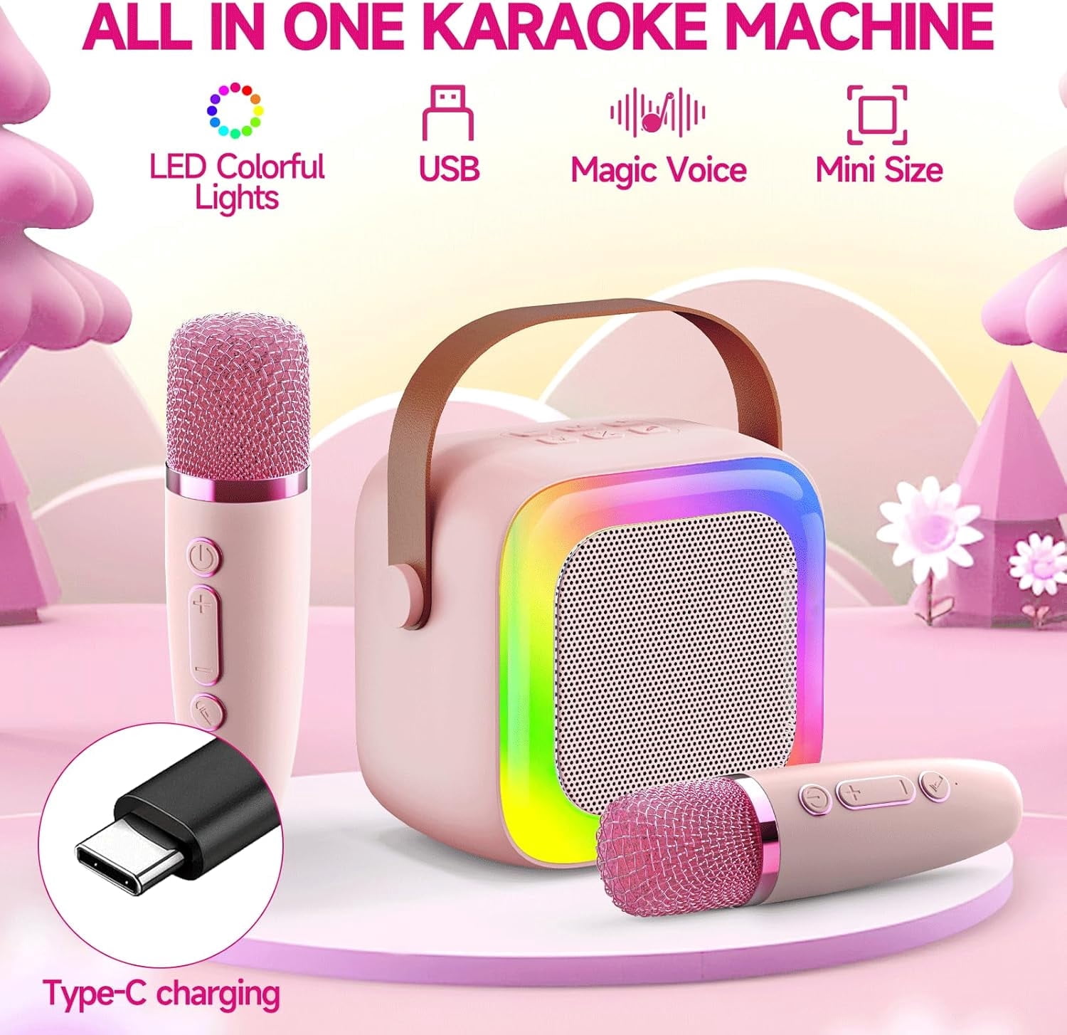 Mini Karaoke Machine for Kids Teen Adults, Portable Bluetooth Mini Karaoke Microphone Singing Speaker with 2 Wireless Mic and Light, Toys for All Smartphones,Birthday, Family,Home Party