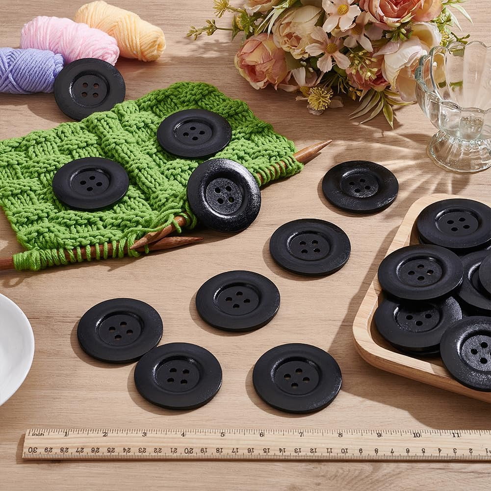 44Pcs Wood Buttons 4-Hole Flat Round Black 60x5mm Hole: 5mm