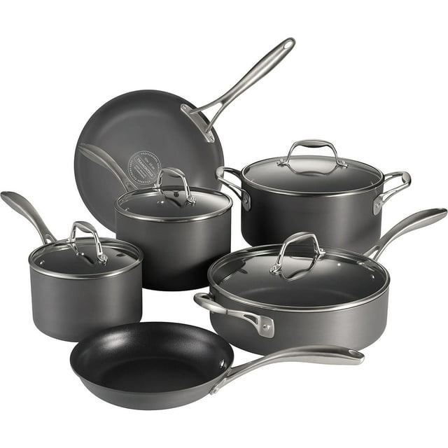 Tramontina 10-piece hard anodized cookware set including frying pans, saucepans with glass lids, and a sauté pan
